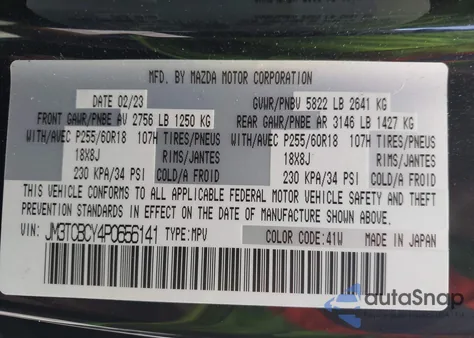 2023 Mazda Cx-9 Touring from USA, damaged, VIN JM3TCBCY4P0656141